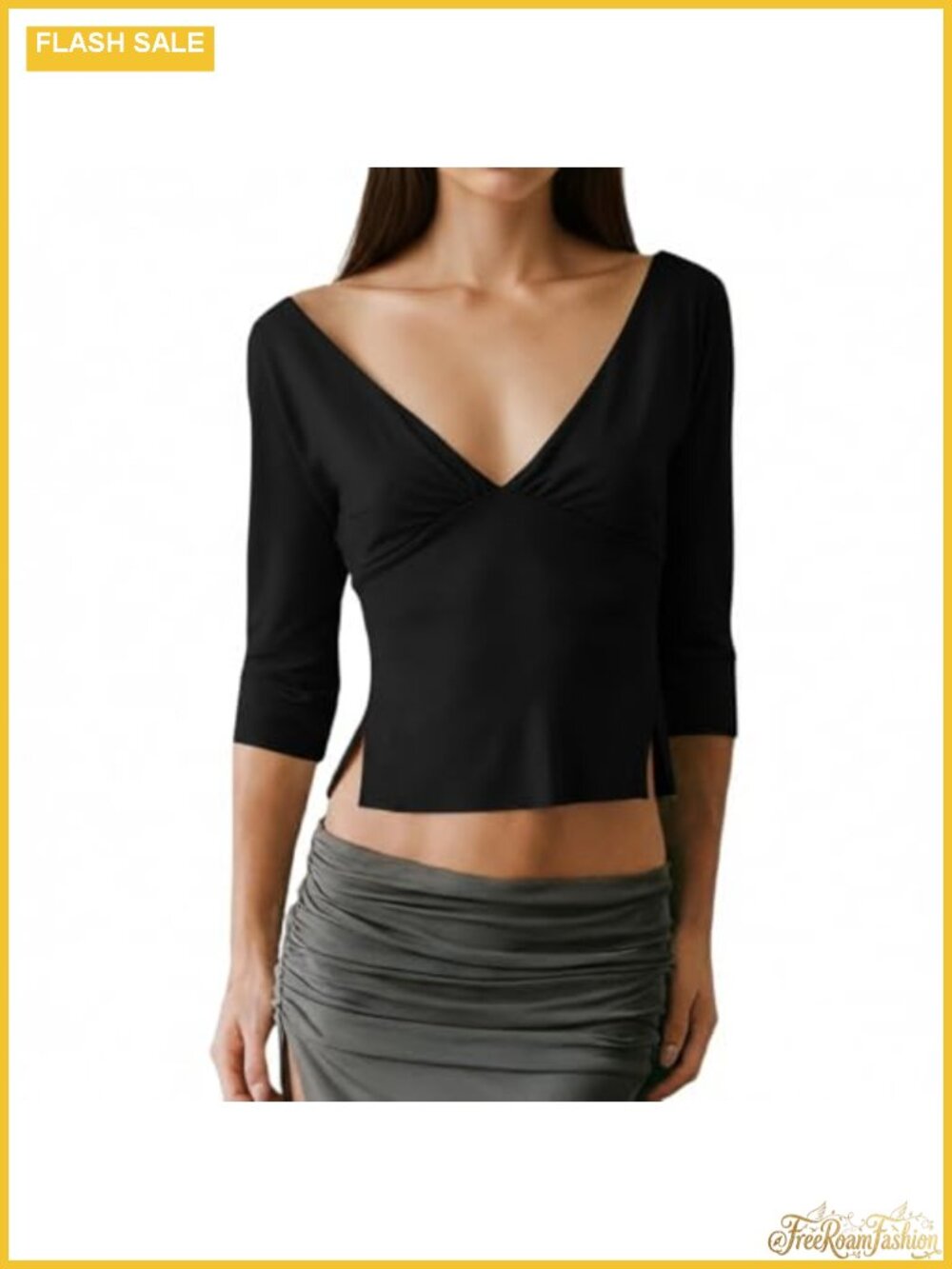 Women's Backless Deep V Neck Crop Tee with Ruched Bust & Side Slits